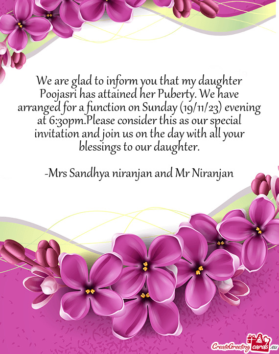 Function on Sunday (19/11/23) evening at 6:30pm.Please consider this as our special invitation and