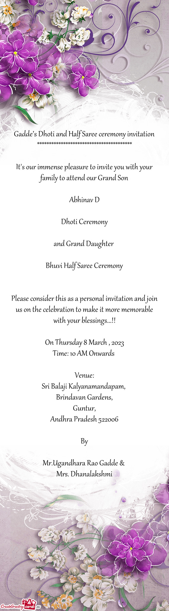 Gadde’s Dhoti and Half Saree ceremony invitation