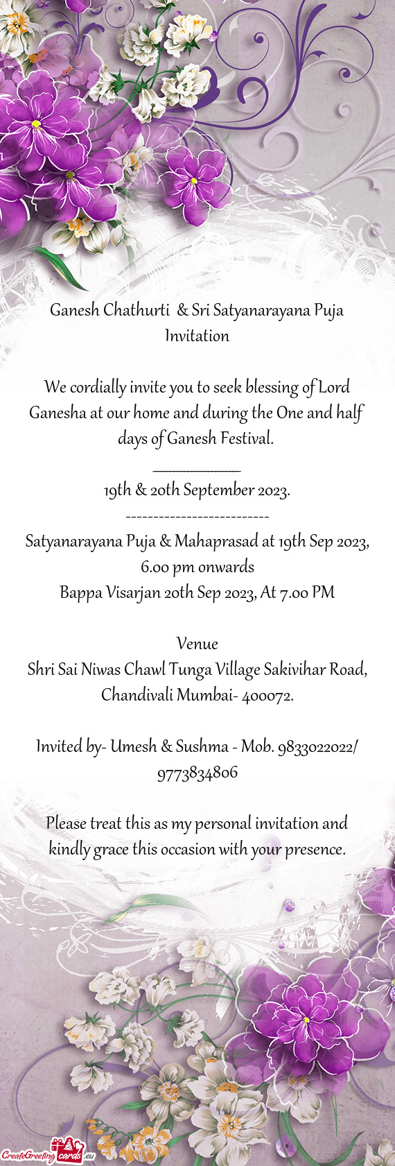 Ganesh Chathurti & Sri Satyanarayana Puja Invitation