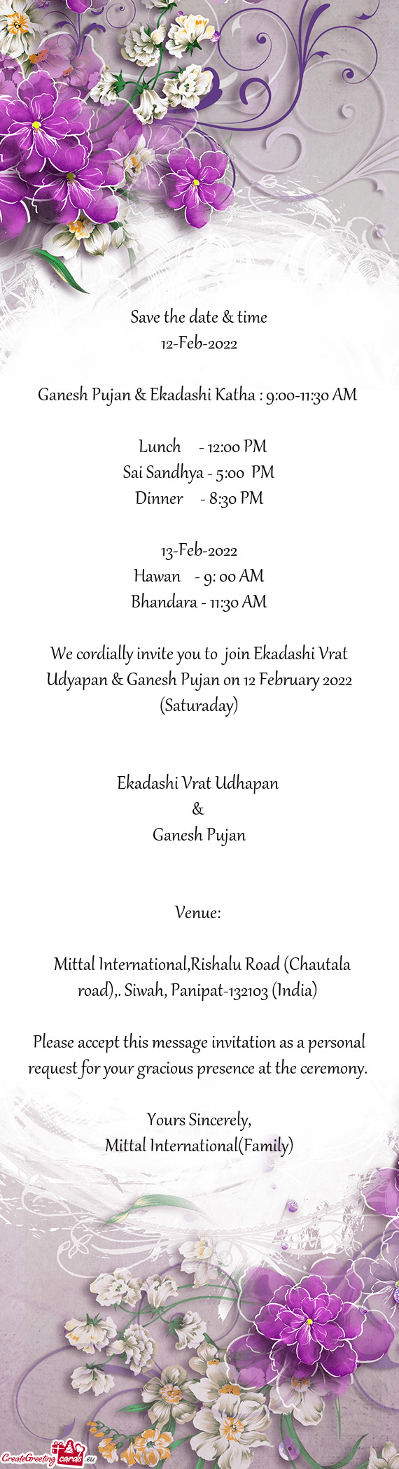 Ganesh Pujan & Ekadashi Katha : 9:00-11:30 AM