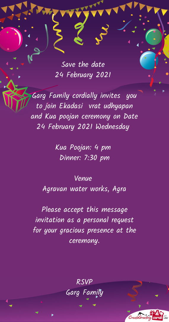 Garg Family cordially invites you to join Ekadasi vrat udhyapan and Kua poojan ceremony on Date 24