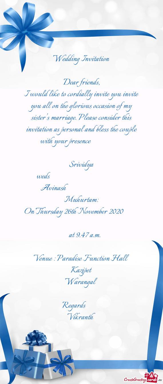 Ge. Please consider this invitation as personal and bless the couple with your presence
