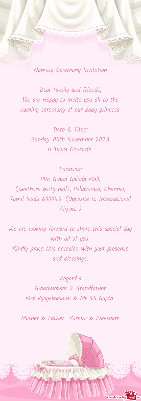 (Geetham party hall), Pallavaram, Chennai, Tamil Nadu 600043. (Opposite to International Airport )