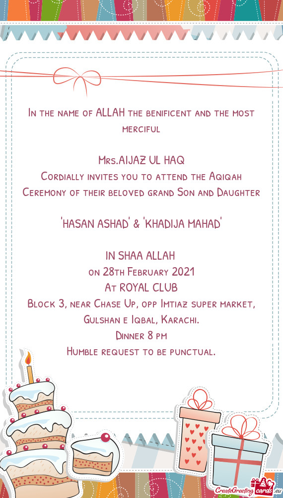 Ghter
 
 "HASAN ASHAD" & "KHADIJA MAHAD"
 
 IN SHAA ALLAH 
 on 28th February 2021
 At ROYAL CLUB
 Bl