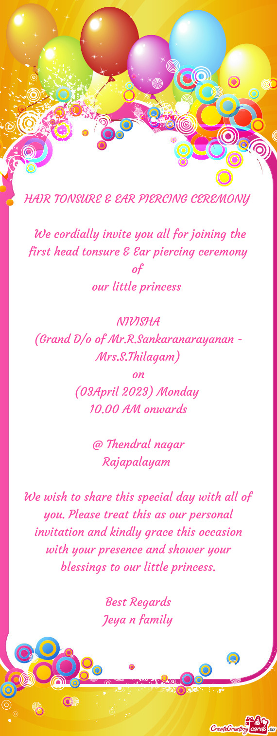 (Grand D/o of Mr.R.Sankaranarayanan - Mrs.S.Thilagam)