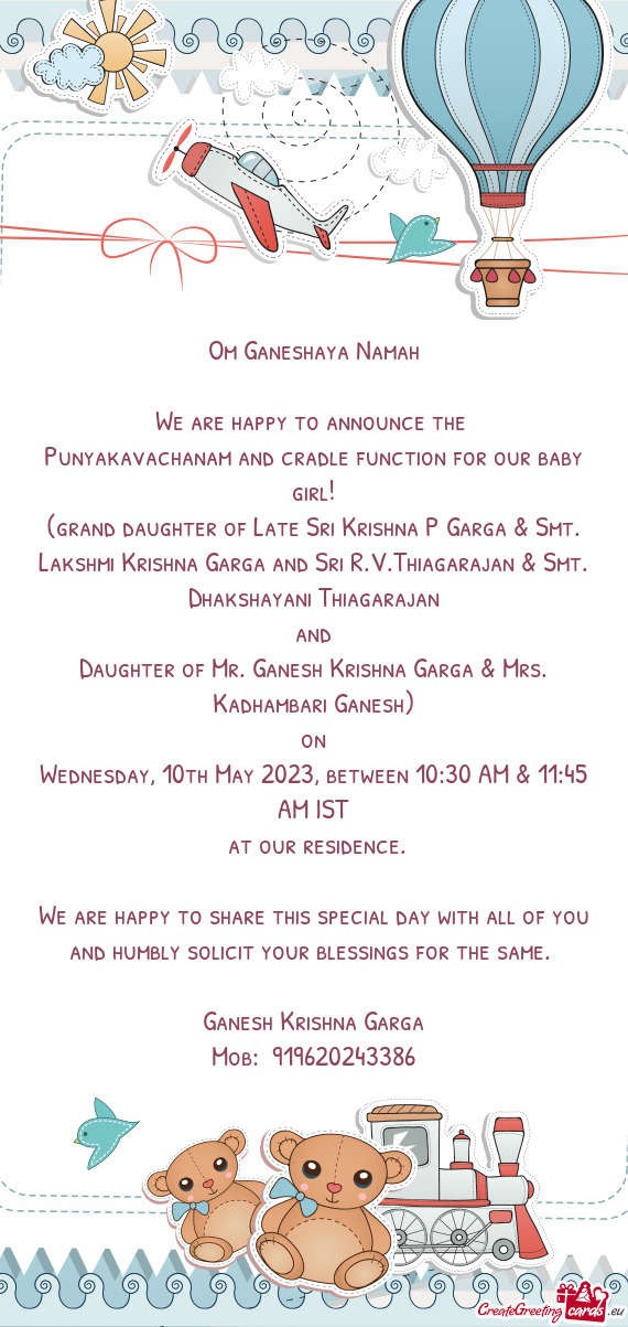 (grand daughter of Late Sri Krishna P Garga & Smt. Lakshmi Krishna Garga and Sri R.V.Thiagarajan & S