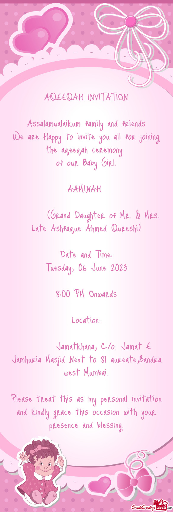 (Grand Daughter of Mr. & Mrs. Late Ashfaque Ahmed Qureshi)