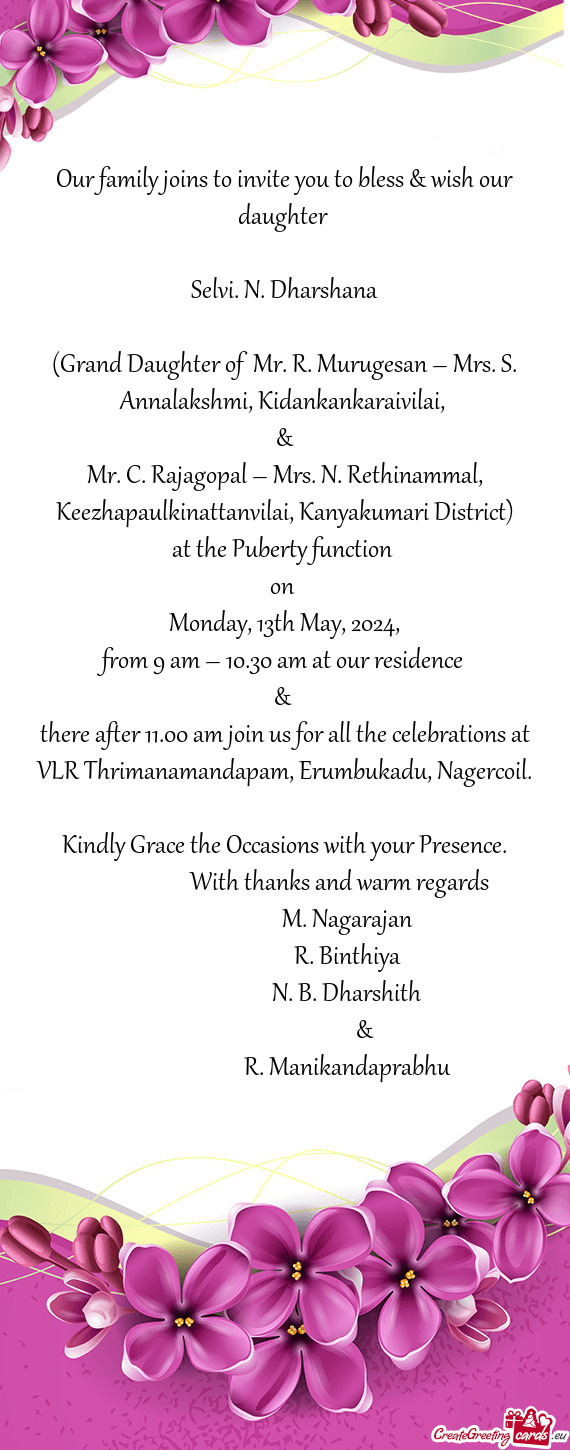 (Grand Daughter of Mr. R. Murugesan – Mrs. S. Annalakshmi, Kidankankaraivilai