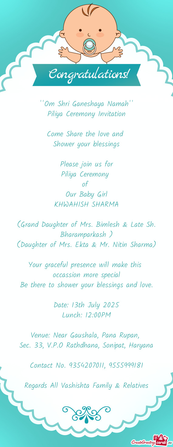 (Grand Daughter of Mrs. Bimlesh & Late Sh. Bharamparkash )