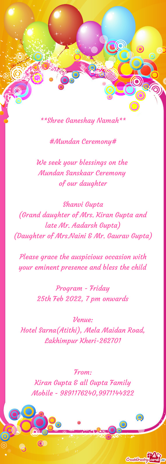 (Grand daughter of Mrs. Kiran Gupta and late Mr. Aadarsh Gupta)