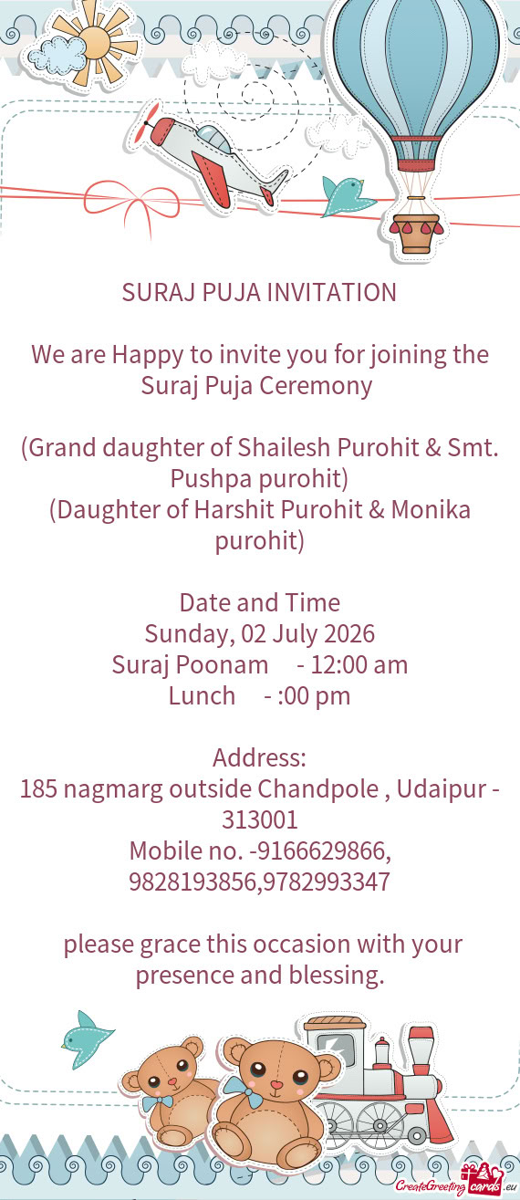 (Grand daughter of Shailesh Purohit & Smt. Pushpa purohit)