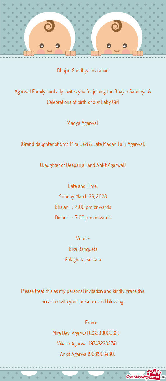(Grand daughter of Smt. Mira Devi & Late Madan Lal ji Agarwal)