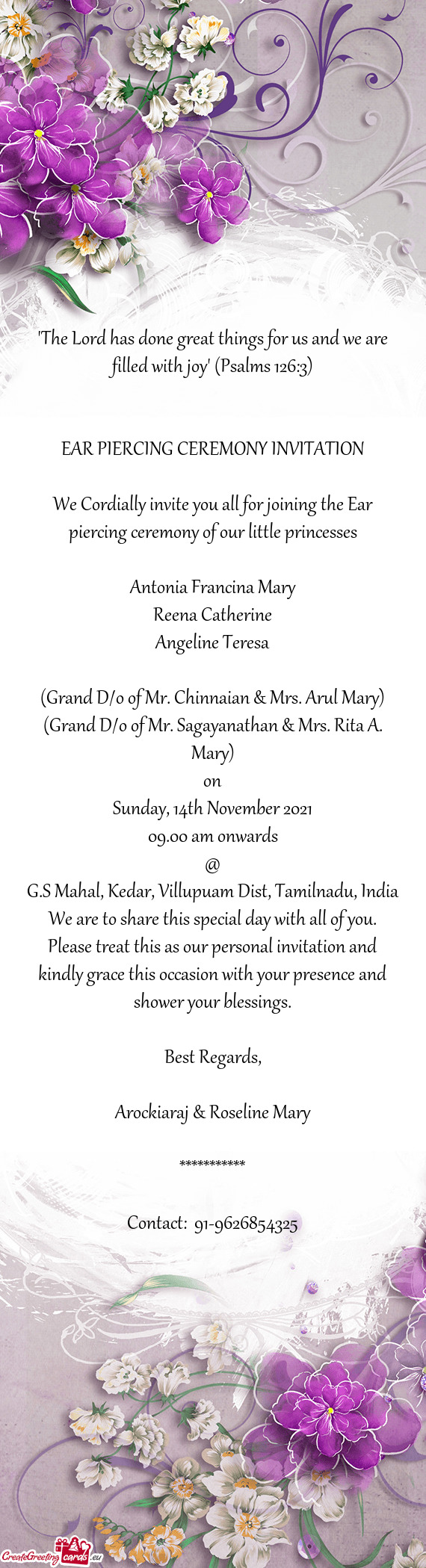 (Grand D/o of Mr. Sagayanathan & Mrs. Rita A. Mary)
