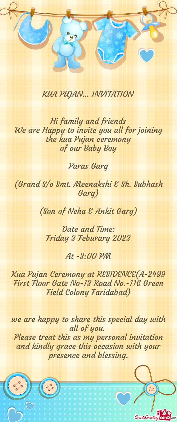 (Grand S/o Smt. Meenakshi & Sh. Subhash Garg) - Free cards