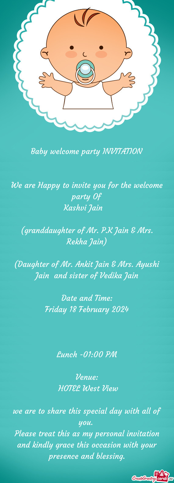 (granddaughter of Mr. P.K Jain & Mrs. Rekha Jain)