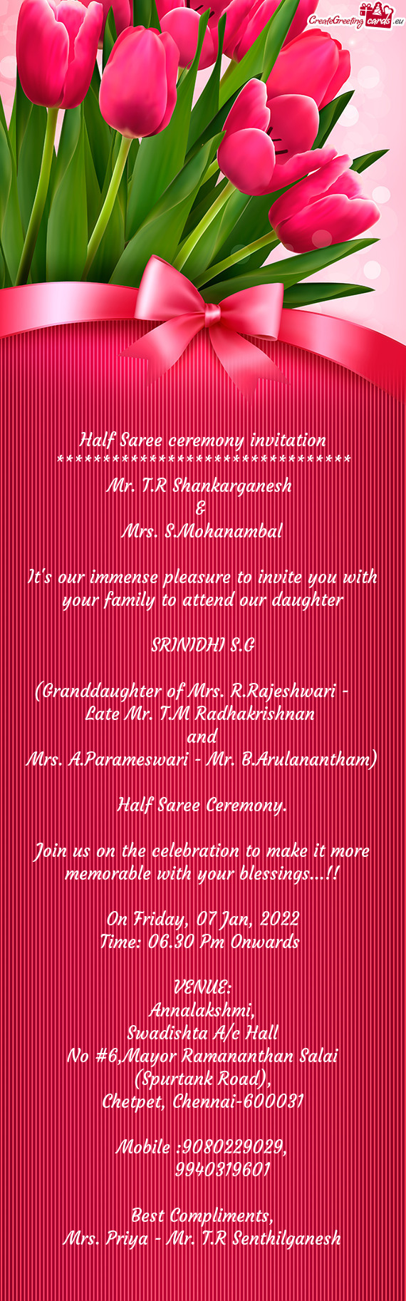(Granddaughter of Mrs. R.Rajeshwari -  Late Mr. T.M Radhakrishnan