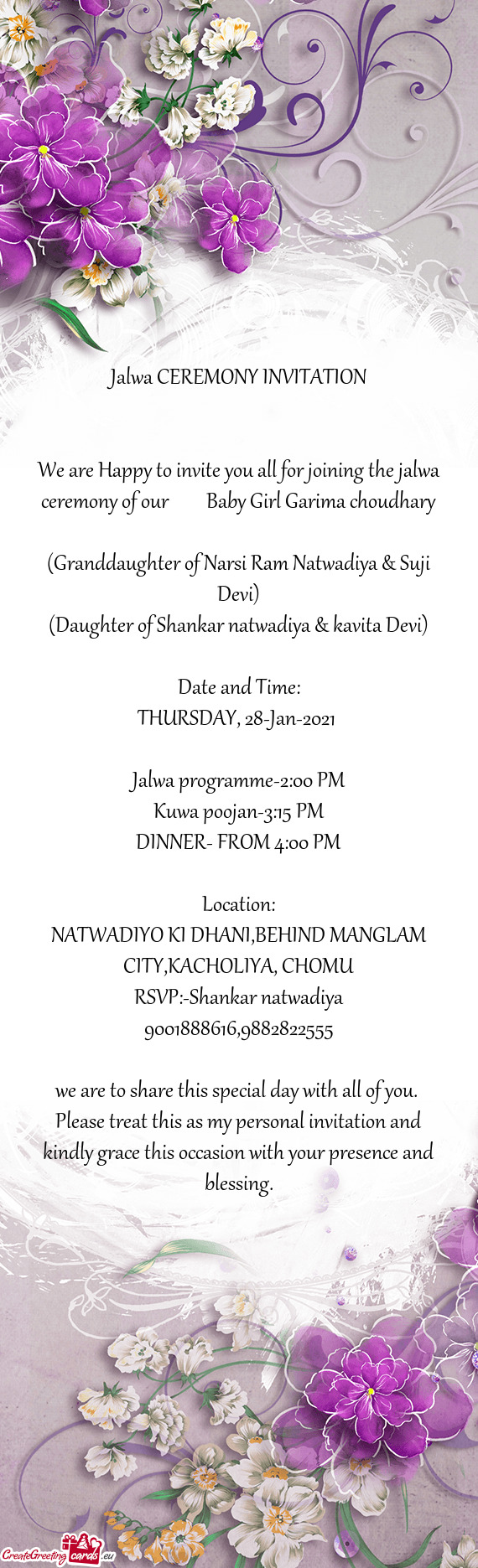 (Granddaughter of Narsi Ram Natwadiya & Suji Devi)