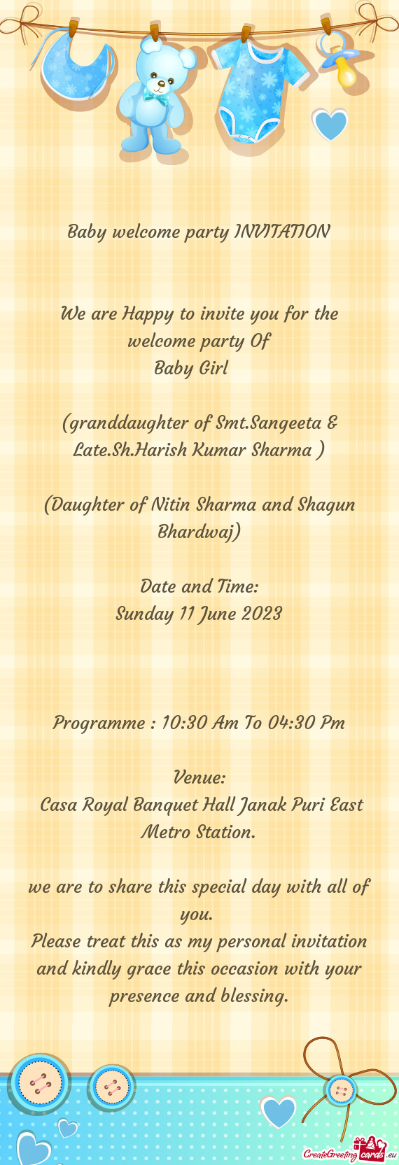 (granddaughter of Smt.Sangeeta & Late.Sh.Harish Kumar Sharma )