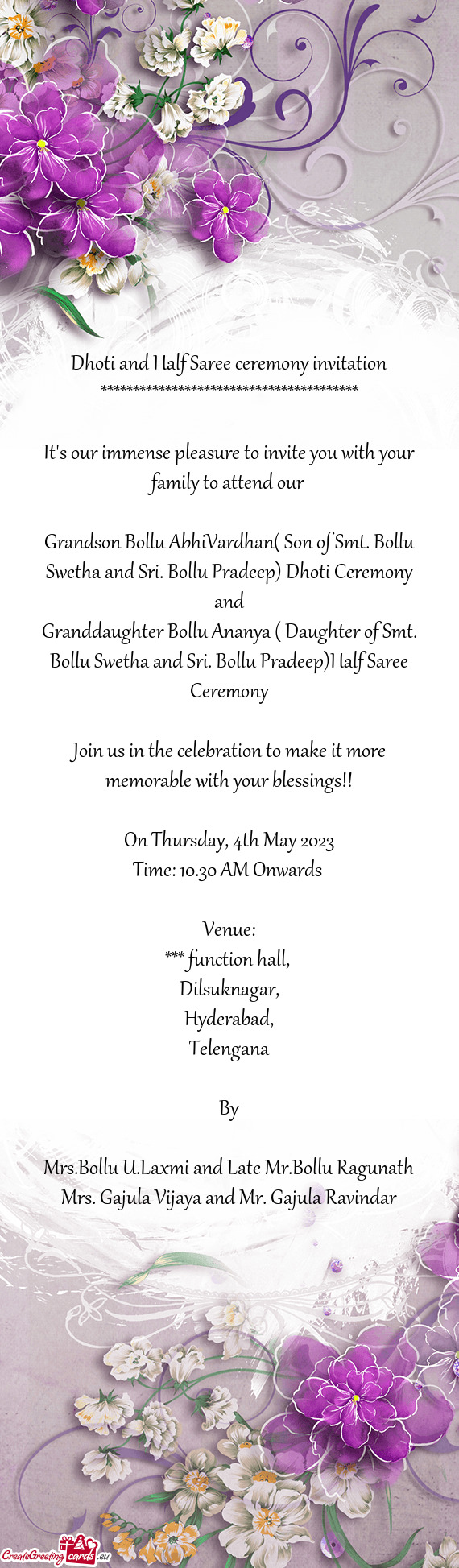 Grandson Bollu AbhiVardhan( Son of Smt. Bollu Swetha and Sri. Bollu Pradeep) Dhoti Ceremony