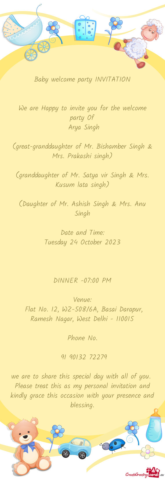 (great-granddaughter of Mr. Bishamber Singh & Mrs. Prakashi singh)