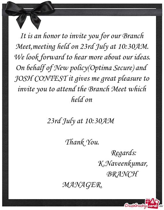 Great pleasure to invite you to attend the Branch Meet which held on