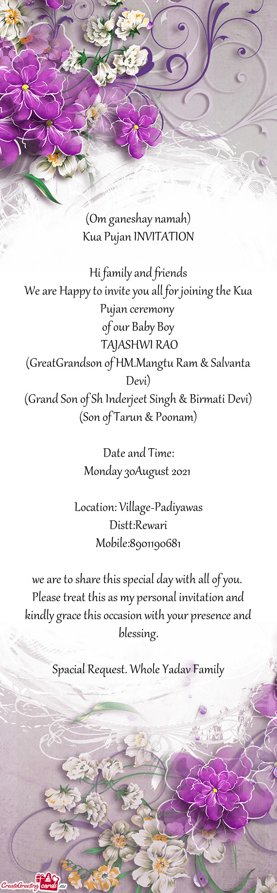 (GreatGrandson of HM.Mangtu Ram & Salvanta Devi)