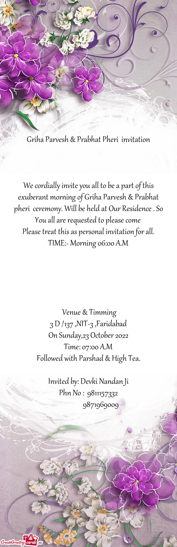 Griha Parvesh & Prabhat Pheri invitation