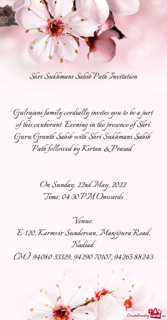 Gulrajani family cordially invites you to be a part of this exuberant Evening in the presence of Sh