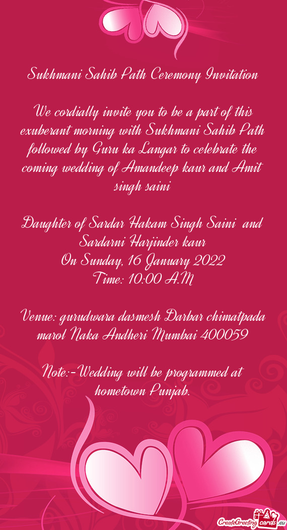 Guru ka Langar to celebrate the coming wedding of Amandeep kaur and Amit singh saini