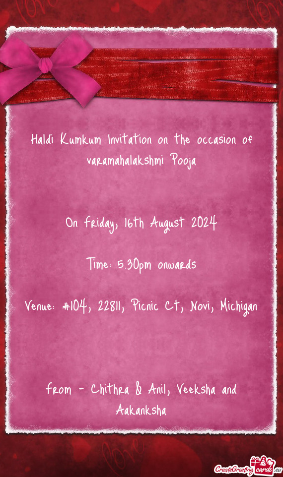 Haldi Kumkum Invitation on the occasion of varamahalakshmi Pooja