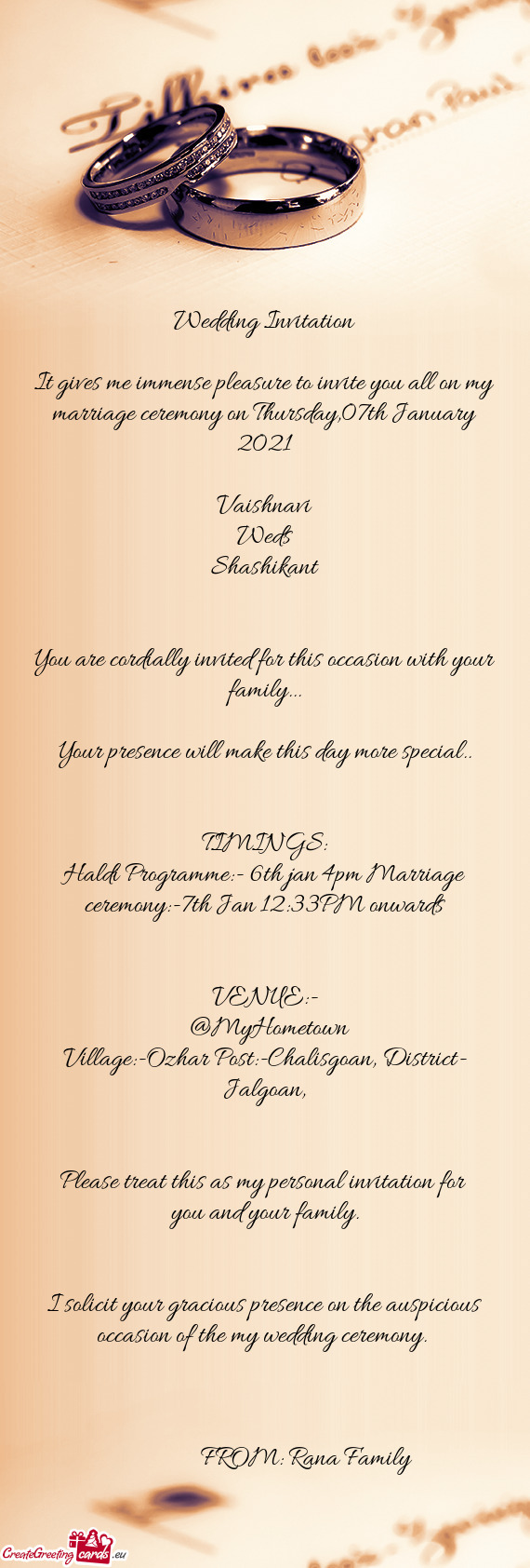 Haldi Programme:- 6th jan 4pm Marriage ceremony:-7th Jan 12:33PM onwards