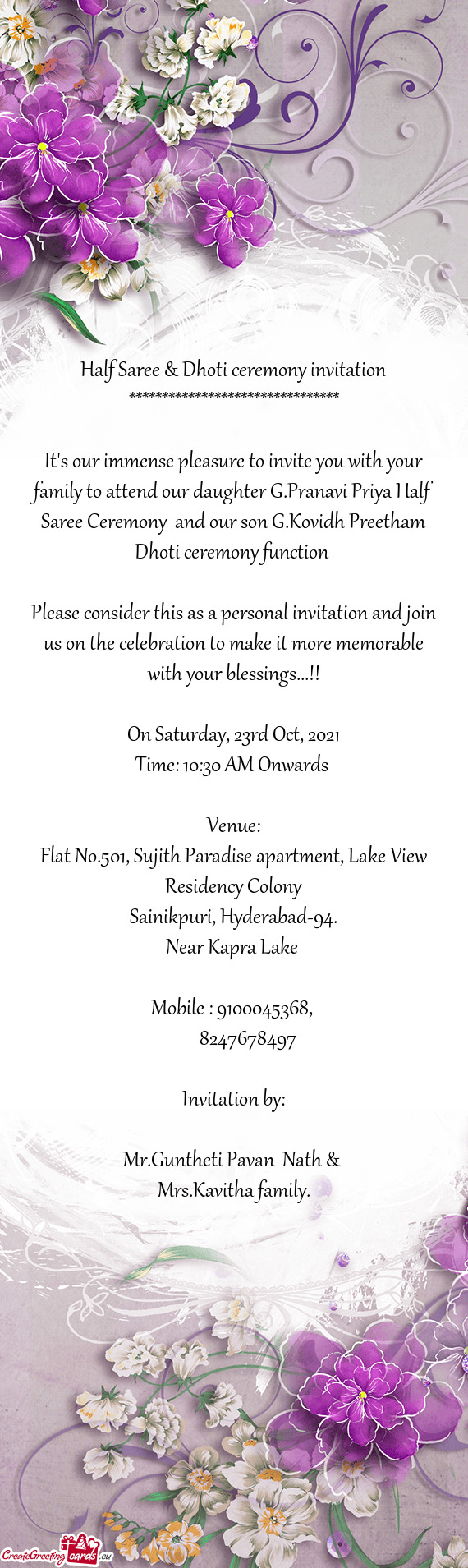 Half Saree & Dhoti ceremony invitation
