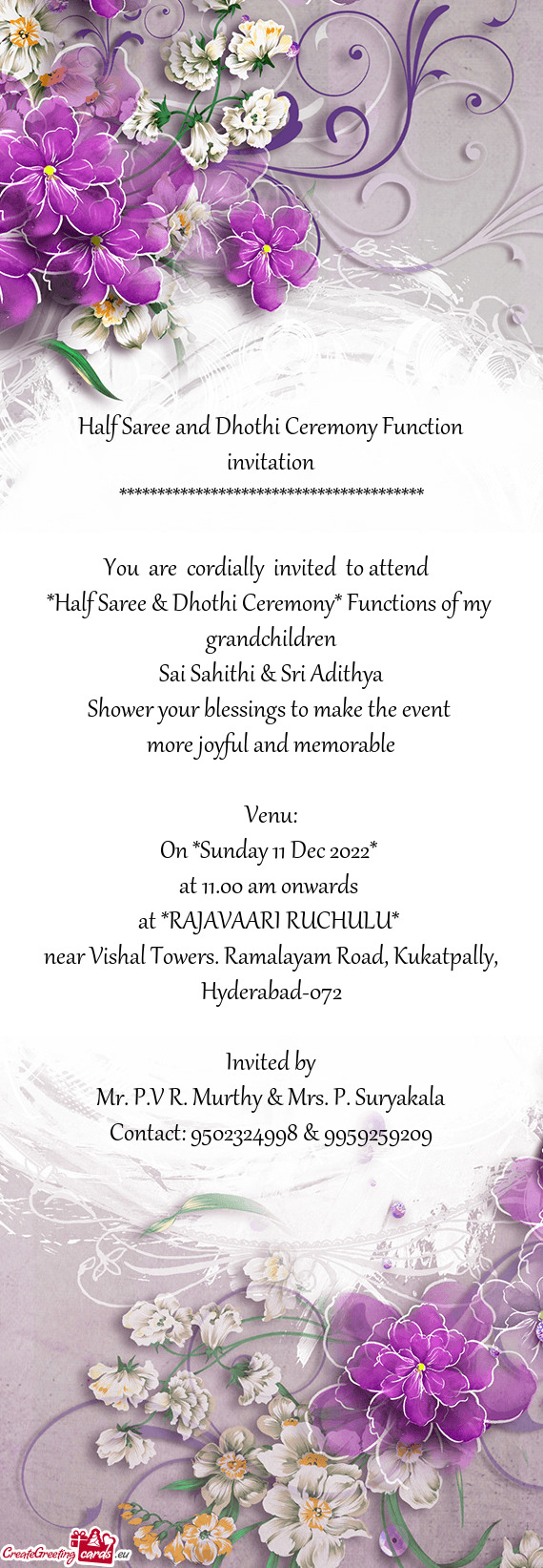 Half Saree and Dhothi Ceremony Function invitation