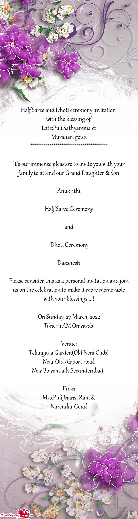 Half Saree and Dhoti ceremony invitation