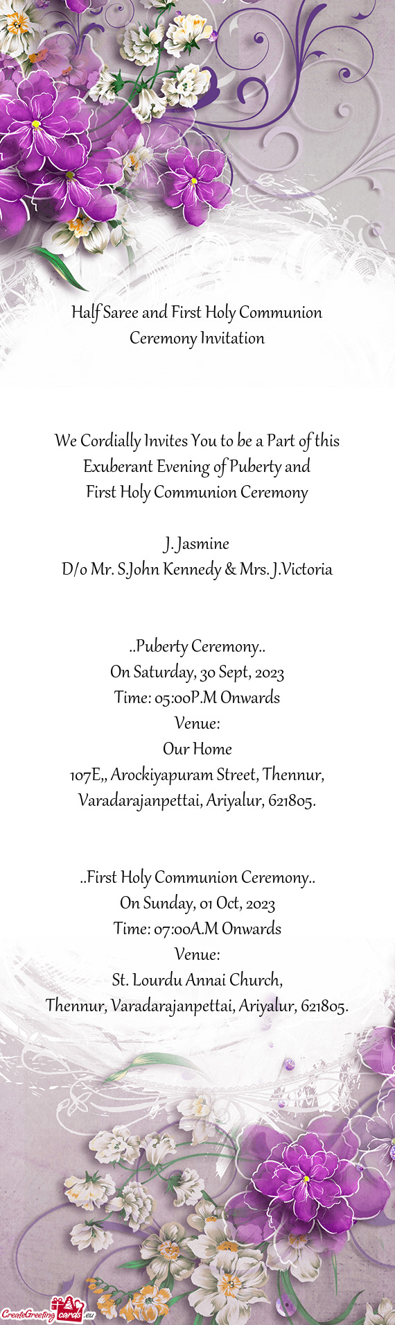 Half Saree and First Holy Communion Ceremony Invitation  We Cordially Invites You to be a Par