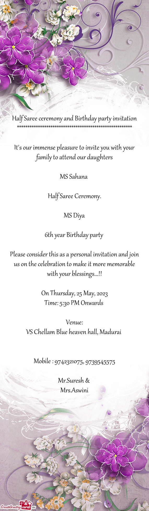Half Saree ceremony and Birthday party invitation