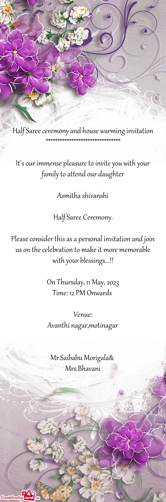 Half Saree ceremony and house warming invitation