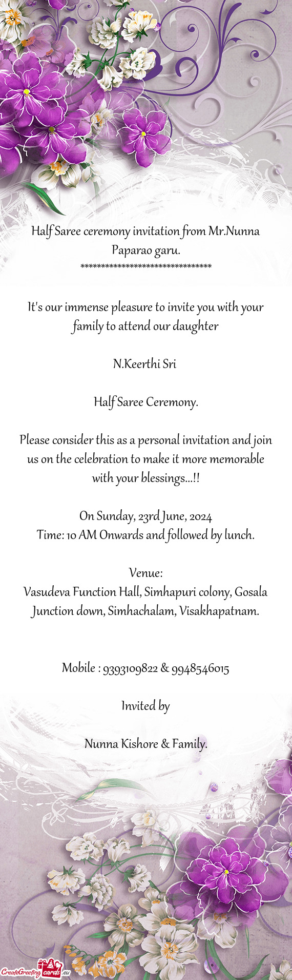 Half Saree ceremony invitation from Mr.Nunna Paparao garu