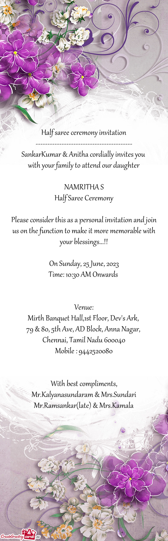 Half saree ceremony invitation ----------------------------------------- SankarKumar & Anitha cord