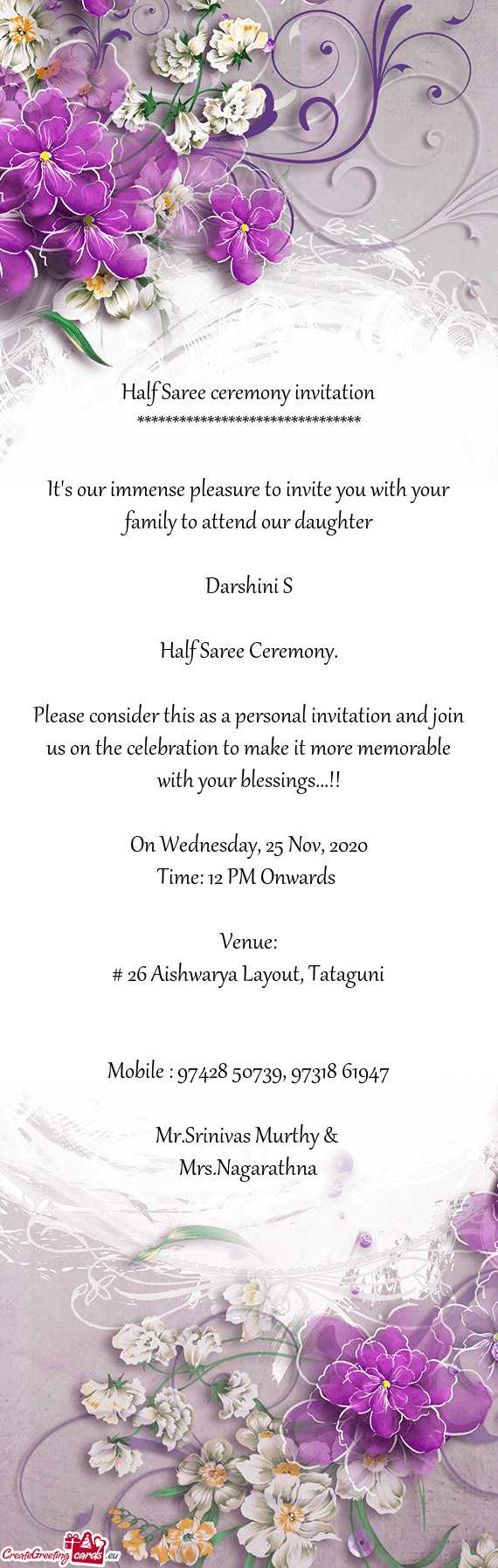 Half Saree Ceremony Invitation Free Cards