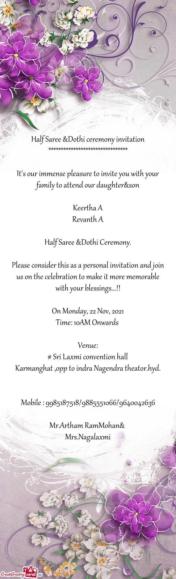 Half Saree &Dothi ceremony invitation