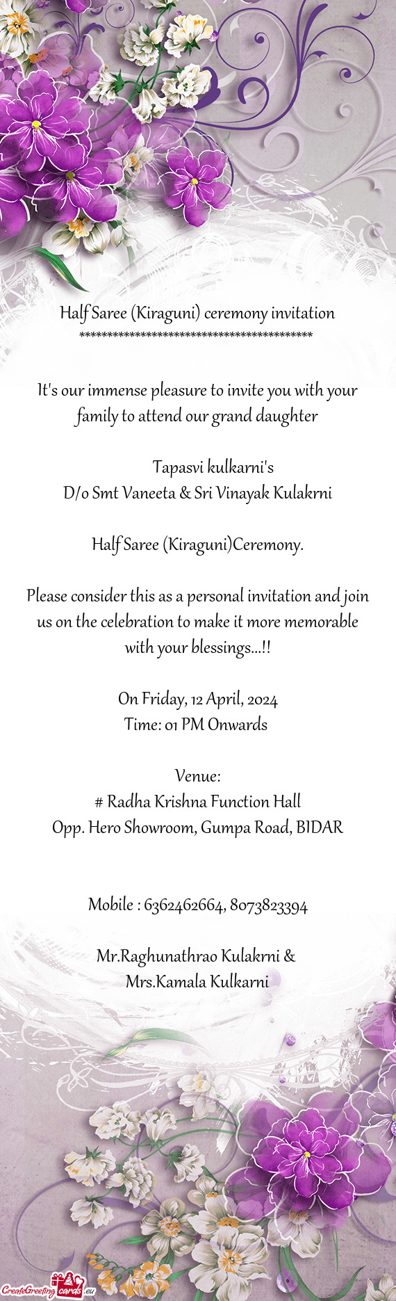Half Saree (Kiraguni) ceremony invitation