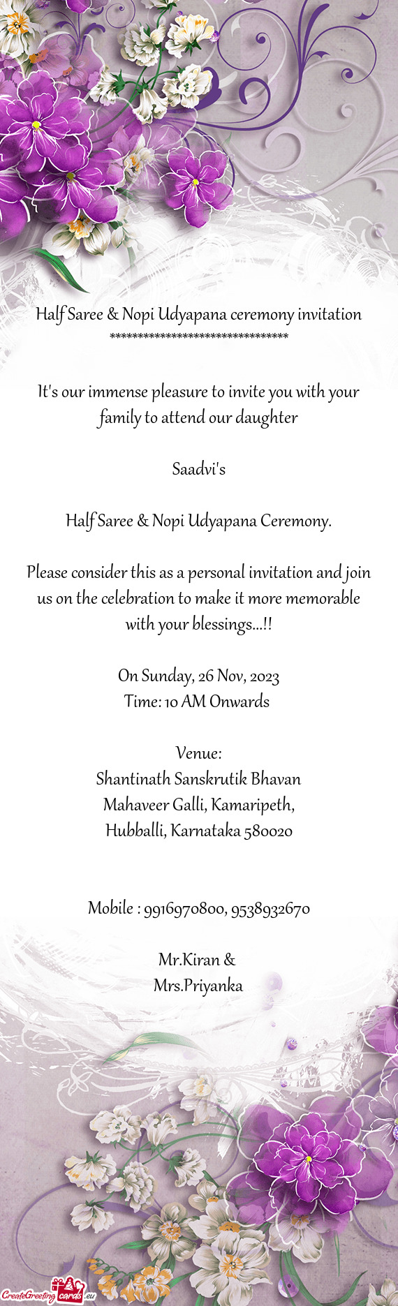 Half Saree & Nopi Udyapana ceremony invitation