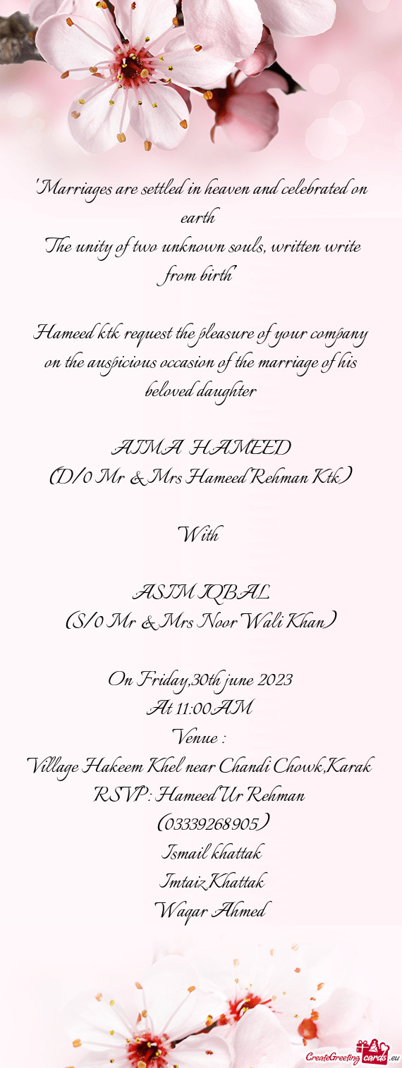 Hameed ktk request the pleasure of your company on the auspicious occasion of the marriage of his be