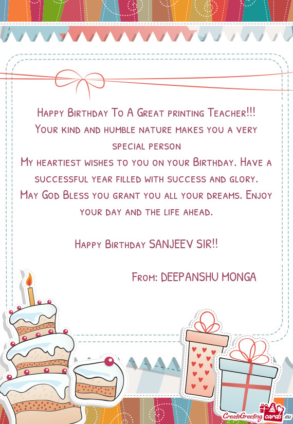 Happy Birthday To A Great printing Teacher