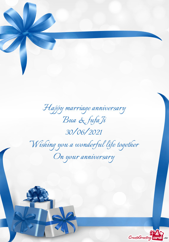 Happy marriage anniversary
 Bua & fufa Ji
 30/06/2021 
 Wishing you a wonderful life together
 On y