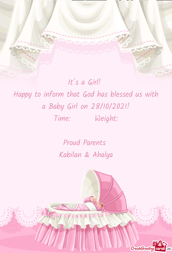 Happy to inform that God has blessed us with a Baby Girl on 28/10/2021