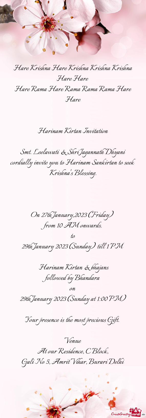 Harinam Kirtan Invitation