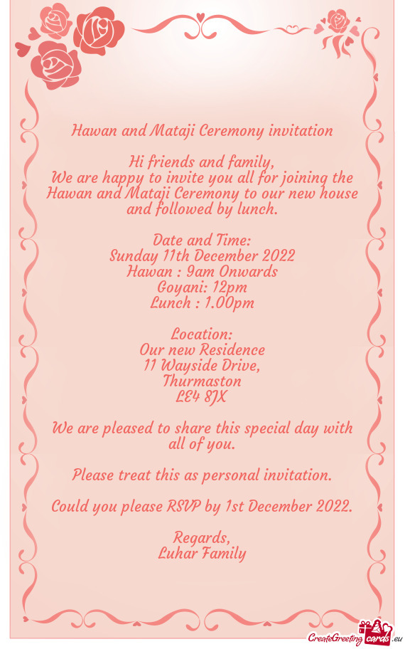 Hawan and Mataji Ceremony invitation