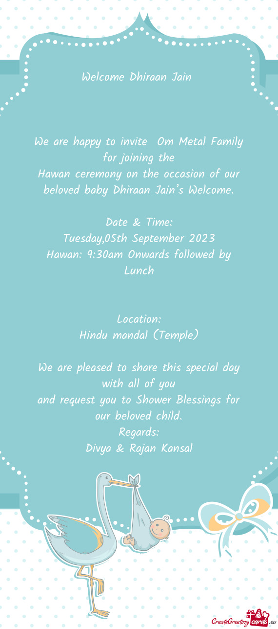 Hawan ceremony on the occasion of our beloved baby Dhiraan Jain’s Welcome